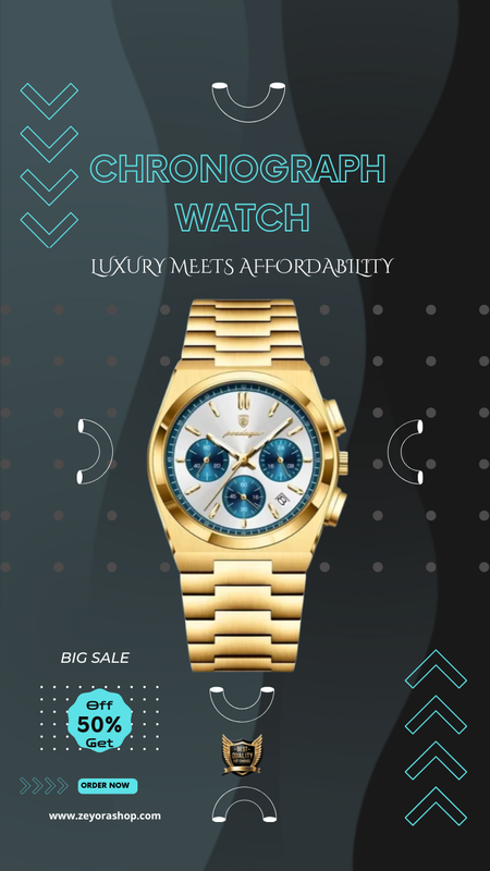 Gold chronograph watch with promotional text on a dark background