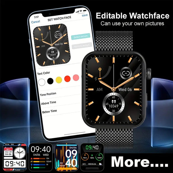 Smartwatch with customizable watch face on a smartphone screen, featuring text 'Editable Watchface' and 'Can use your own pictures'.