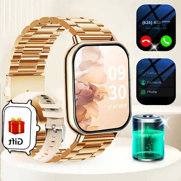 Gold smartwatch with app icons and a gift box on a white background