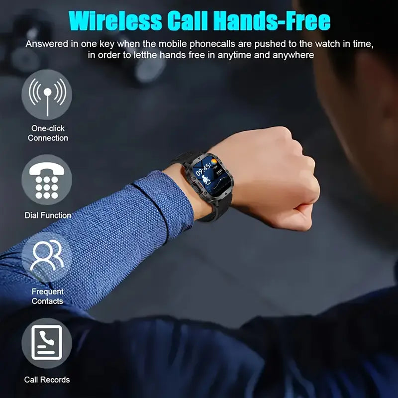 Smartwatch on a wrist with features highlighted, including one-click connection, dial function, frequent contacts, and call records.