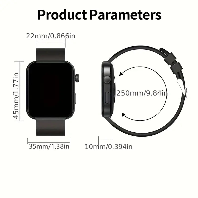 Smartwatch with dimensions labeled on a white background