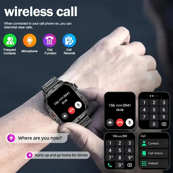 Smartwatch with phone interface on a dark background