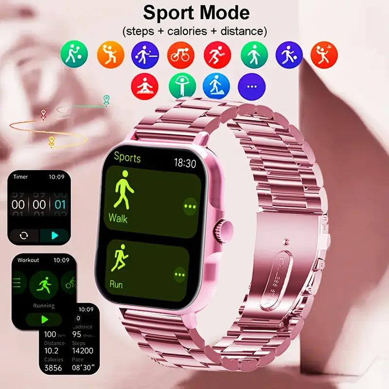 Smartwatch with pink metal band displaying sports mode on a light background