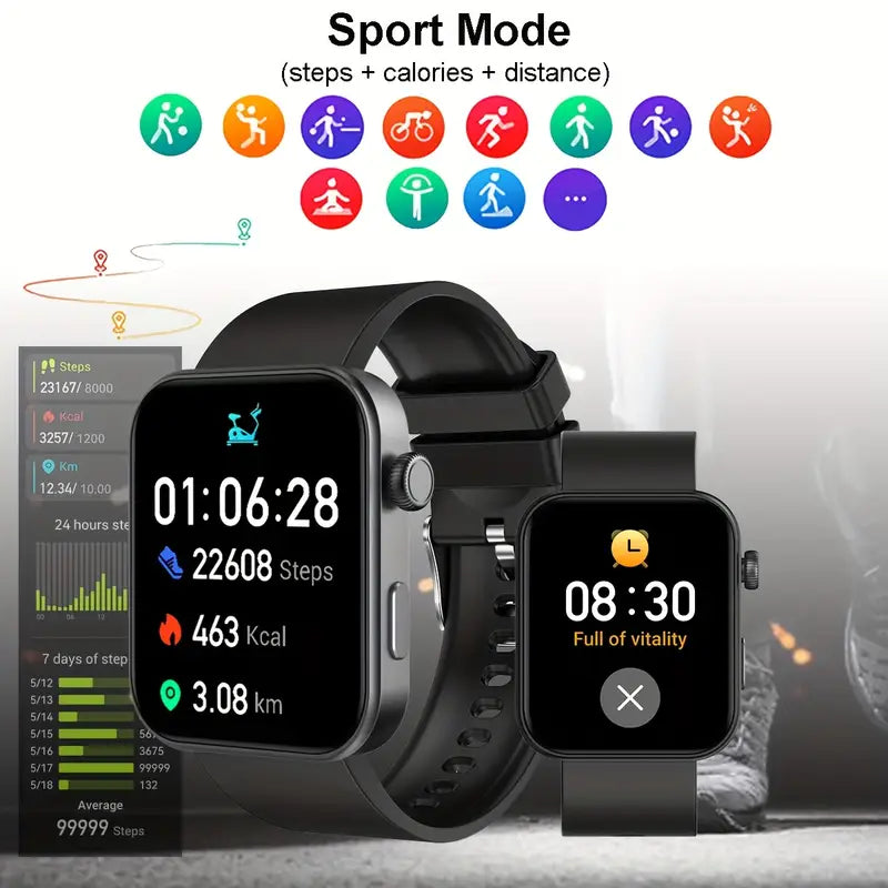 Smartwatch with digital display showing fitness stats and icons on a white background
