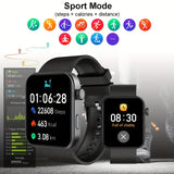 Smartwatch with digital display showing fitness stats and icons on a white background