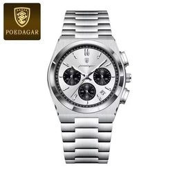 Silver watch with detailed face on a white background, featuring the Poedagar brand.