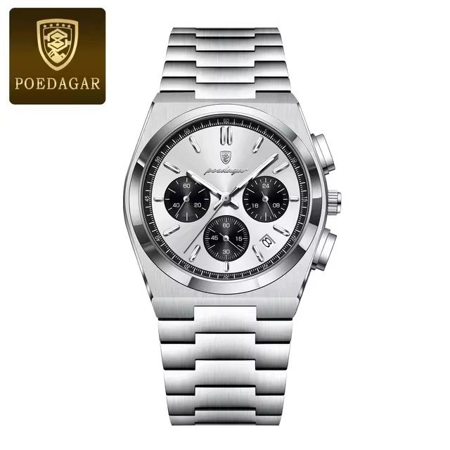 Silver watch with detailed face on a white background, featuring the Poedagar brand.
