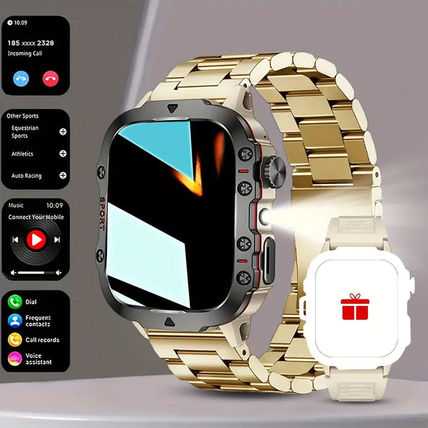 Smartwatch with gold metal band and white square watch face on gray background