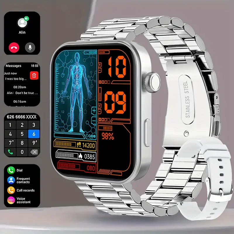 Silver smartwatch with digital display on a gray background