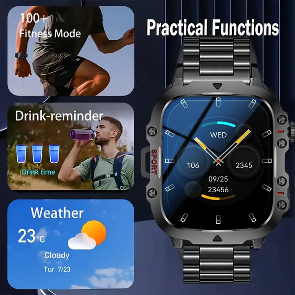 Smartwatch with practical functions displayed on a blue background