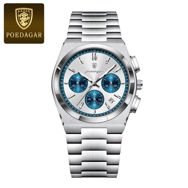 Silver watch with blue face on a white background, featuring the Poedagar brand logo.