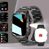 Smartwatch with metal band and screen displaying app icons on a gray background