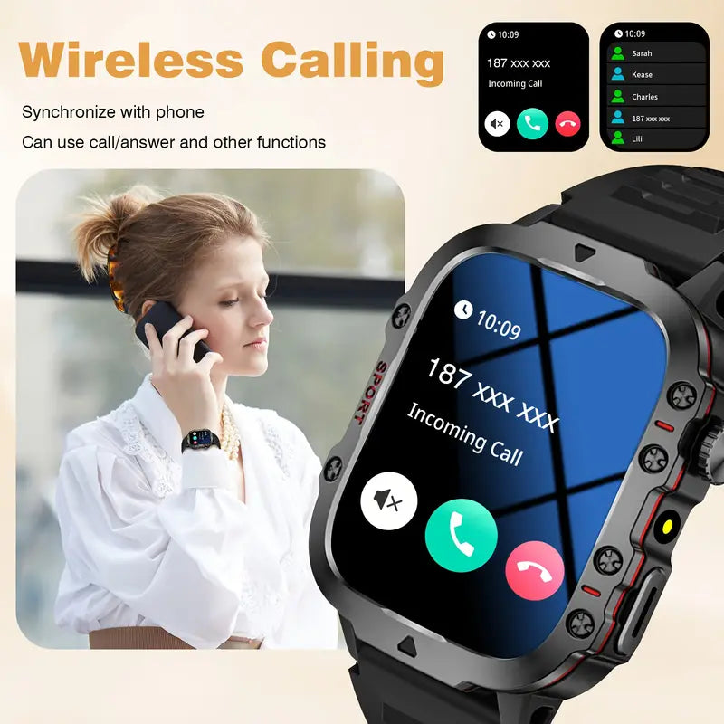Smartwatch displaying an incoming call with a person on the phone in the background