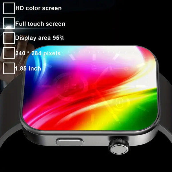 Smartwatch with colorful display and technical specifications overlay