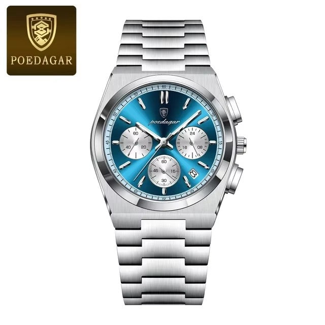 Silver watch with blue face and Poedagar logo on a white background