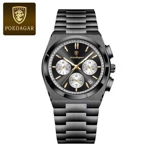 Black watch with gold accents on a white background, featuring the Poedagar brand.