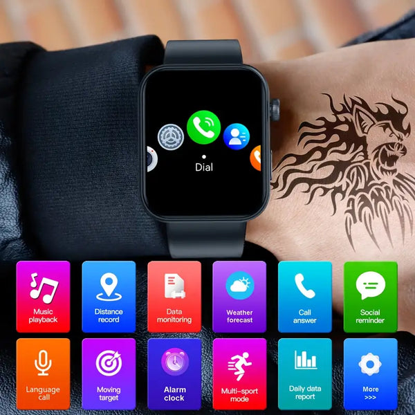 Smartwatch on a wrist with app icons displayed below