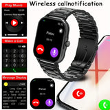 Smartwatch with black metal band displaying phone call, music control, and message features on a white background.