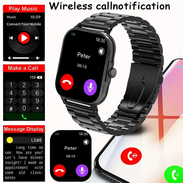 Smartwatch with black metal band displaying phone call, music control, and message features on a white background.