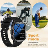 Smartwatch with fitness tracking features displayed on a lifestyle background of a cyclist, skier, and golfer.
