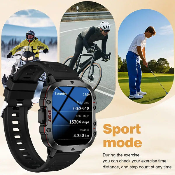 Smartwatch with fitness tracking features displayed on a lifestyle background of a cyclist, skier, and golfer.