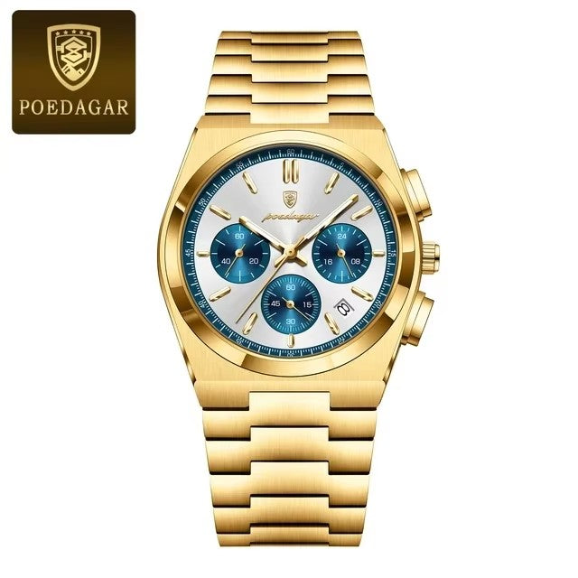 Gold watch with blue face and POEDAGAR branding on a white background