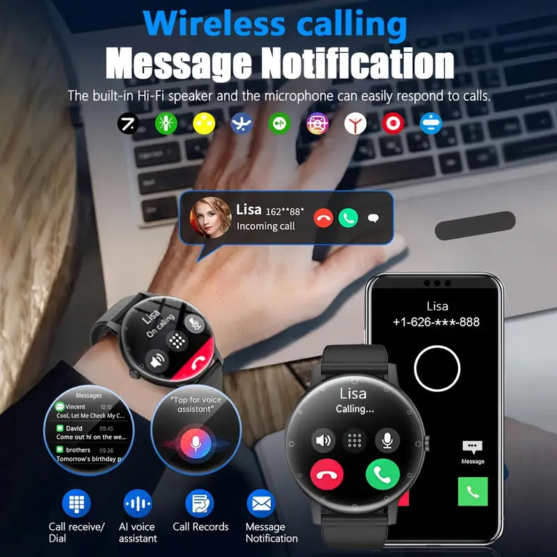 Smartwatch with phone app interface, message notification, and wireless calling features on a blurred laptop background.