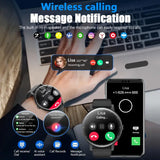 Smartwatch with phone app interface, message notification, and wireless calling features on a blurred laptop background.
