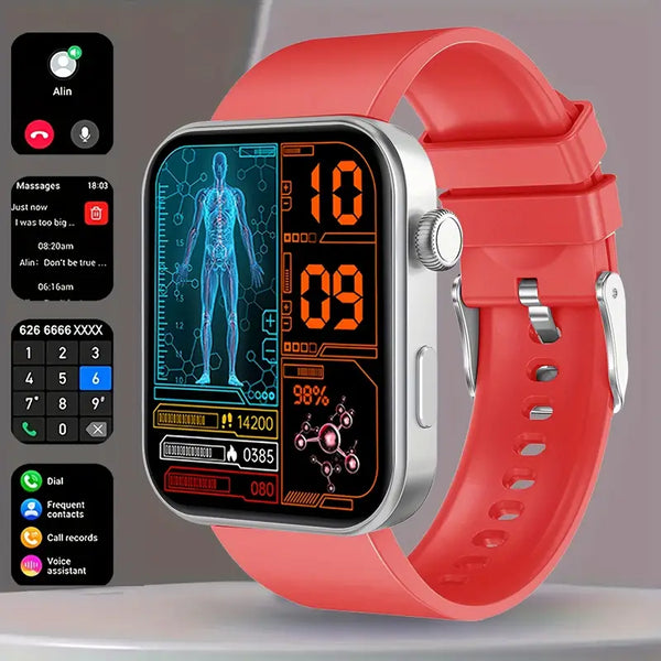 Smartwatch with a red band on a gray background