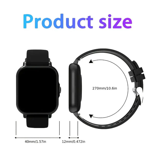 Black smartwatch with measurement details on a white background