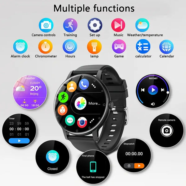 Smartwatch with various functions displayed on a gray background