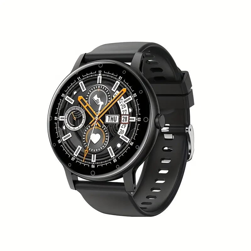Black smartwatch with a detailed face on a white background