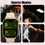 Smartwatch displaying sports modes with basketball and treadmill options, alongside images of a basketball player and a basketball hoop.