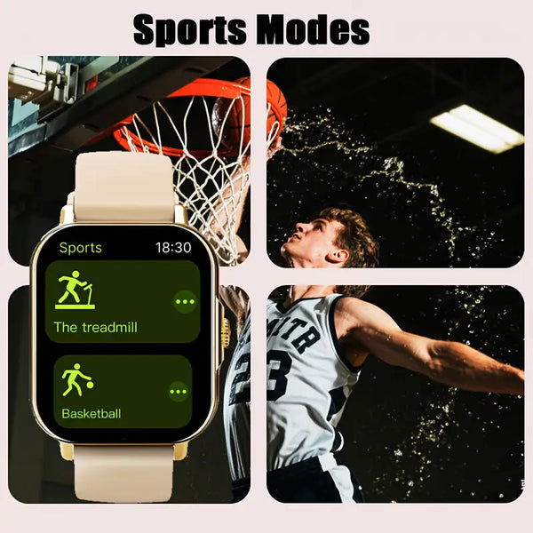 Smartwatch displaying sports modes with basketball and treadmill options, alongside images of a basketball player and a basketball hoop.