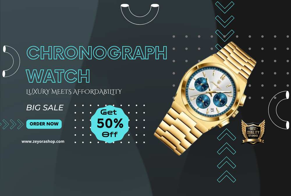 Gold chronograph watch with promotional text on a dark background