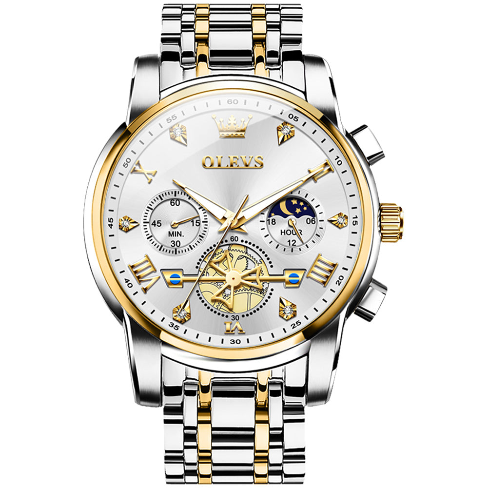 Luxury watch with silver and gold band on a white background