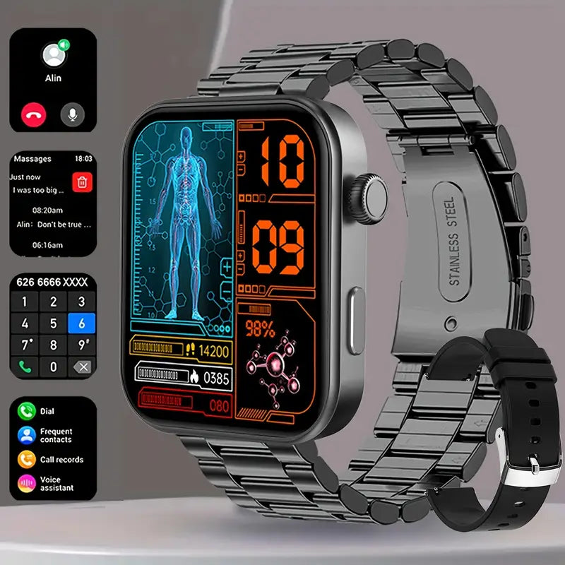Smartwatch with digital display and metal band on a gray background