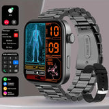 Smartwatch with digital display and metal band on a gray background
