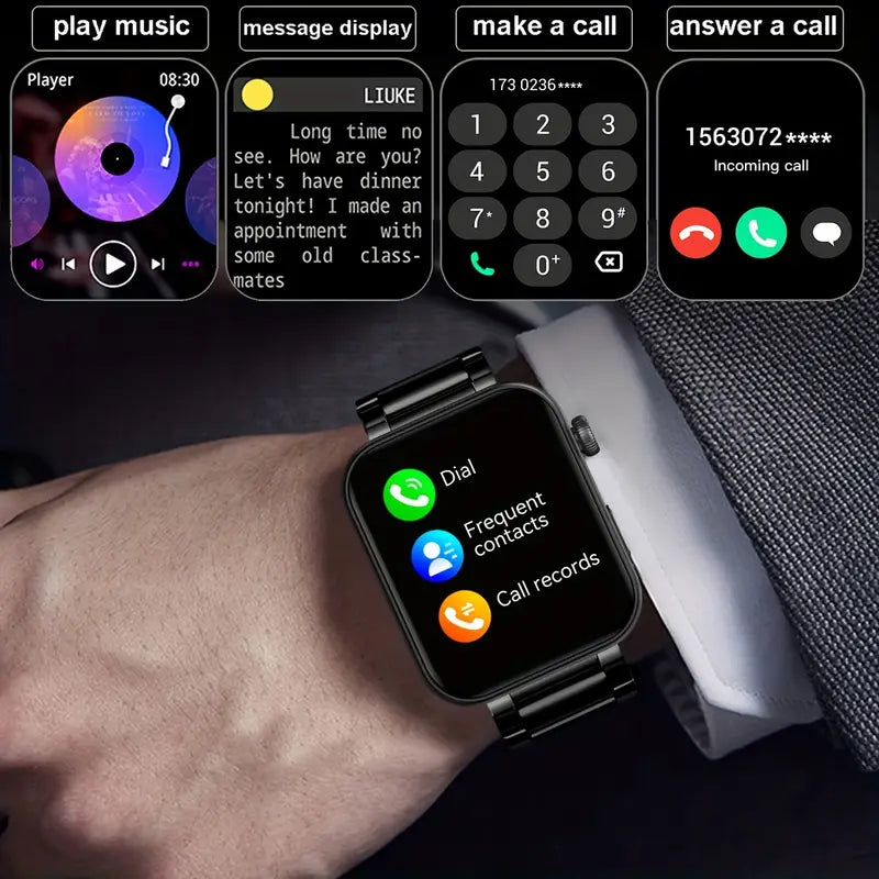 Smartwatch displaying phone app icons and call interface on a wrist, with smartphone showing music player and message display.