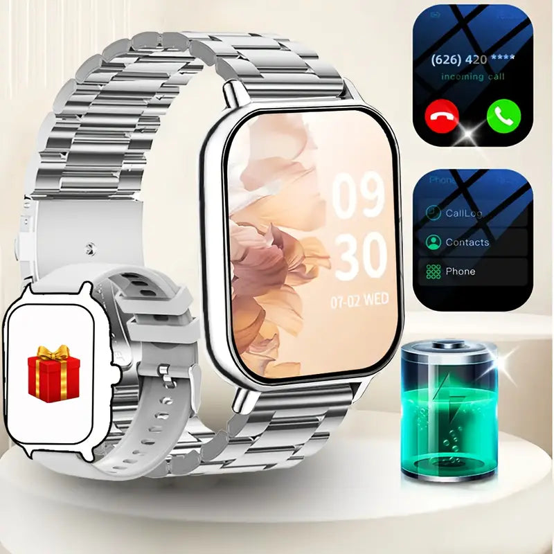 Smartwatch with metal band on a white surface, surrounded by app icons and a gift box icon.