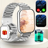 Smartwatch with metal band on a white surface, surrounded by app icons and a gift box icon.