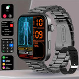 Smartwatch with digital display and metal band on a gray background