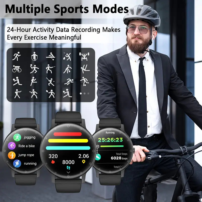 Man on a bicycle with smartwatches displaying activity data, emphasizing multiple sports modes and 24-hour activity recording.