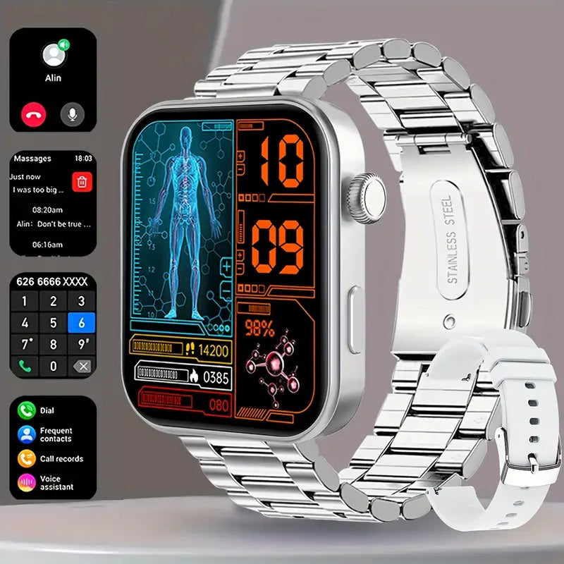 Silver smartwatch with digital display on a gray background