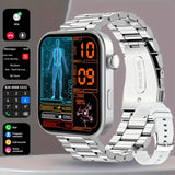 Silver smartwatch with digital display on a gray background