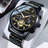 Black and gold OLEVS watch with detailed face on a white surface