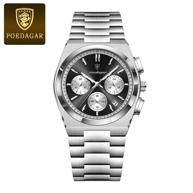 Silver watch with black dial on a white background, featuring the Poedagar brand.