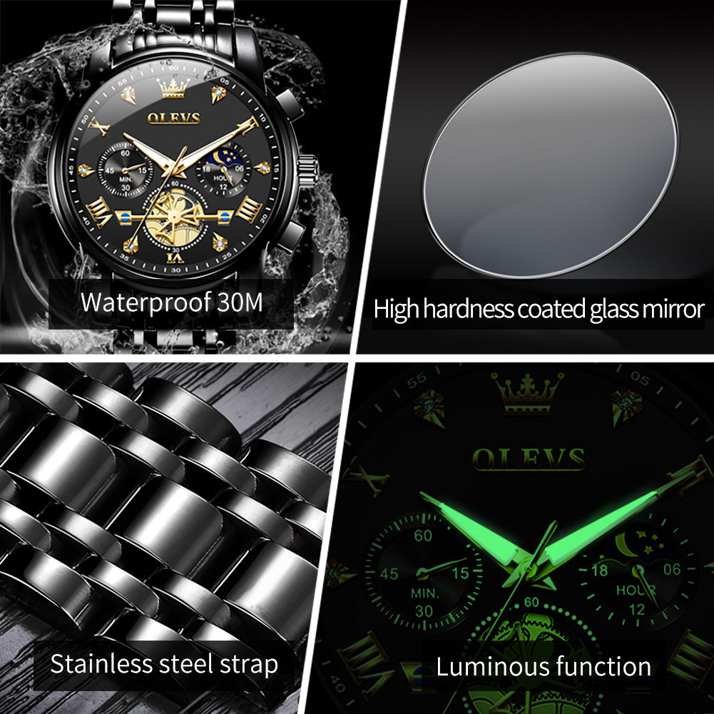 Collage of features of a watch including waterproof rating, glass mirror hardness, stainless steel strap, and luminous function.
