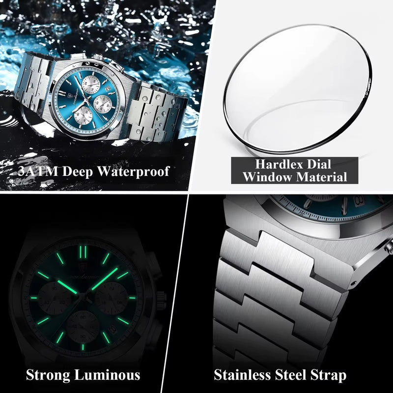 Collage of a silver watch with features highlighted, including waterproof, hardlex dial, strong luminous, and stainless steel strap.