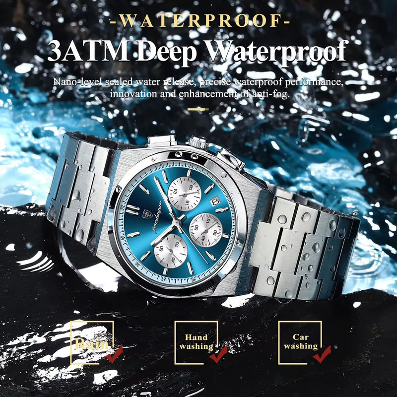 Silver watch with blue face on a water droplet background, emphasizing waterproof feature.